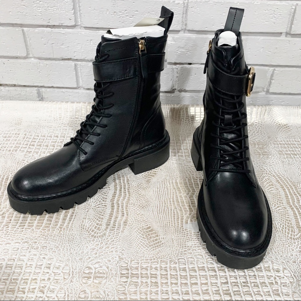 Zara Women's Low Heeled Black Leather Ankle Boots